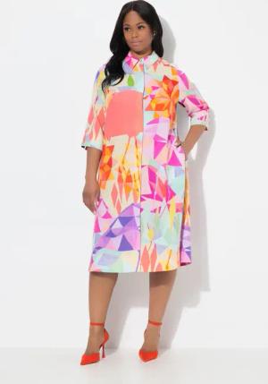 Ulla Popken Midikleid Midi-Lyocellkleid Flamingos Hemdkragen