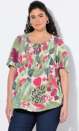 Ulla Popken Tunika Smok-Bluse Blätter A-Linie