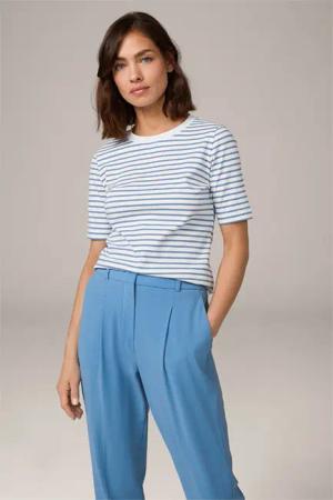 Baumwoll-Interlock-Halbarm-Shirt in Weiß-Blau gestreift