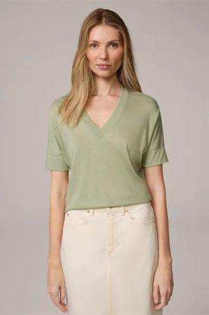 Tencel-Baumwoll-Shirt mit V-Ausschnitt in Hellgrün