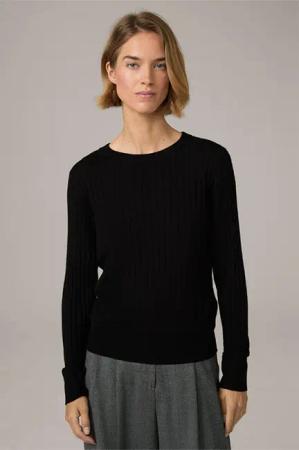 Schurwoll-Seidenmix-Ripp-Strick-Pullover in Schwarz
