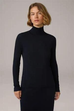 Schurwoll-Seidenmix-Ripp-Strick-Rollkragen-Pullover in Navy