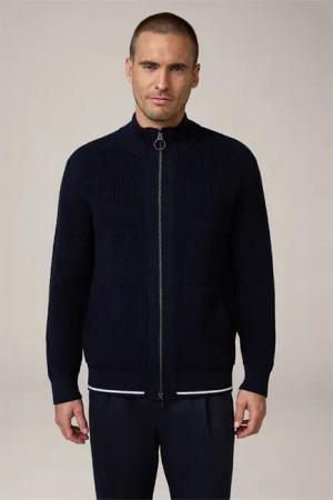 Schurwoll-Zip-Strickjacke Ramiro mit Stehkragen in Navy