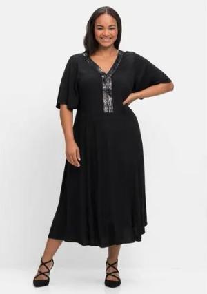 Abendkleid mit Pailletten am V-Ausschnitt, schwarz, Gr.56