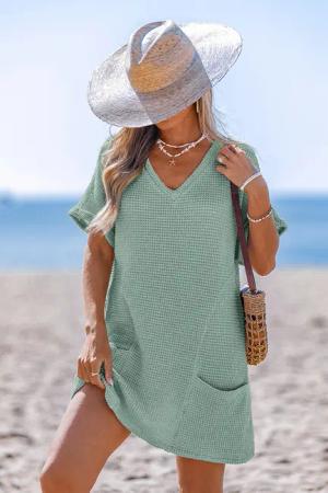 Grünes V-Ausschnitt Mini-Strandkleid mit Taschen