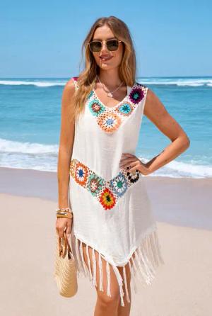 Weißes Ärmelloses Mini-Strandkleid mit Fransenbesatz