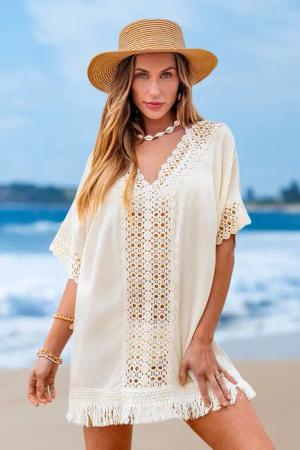 Beiges V-Ausschnitt Kurzarm Mini-Strandkleid