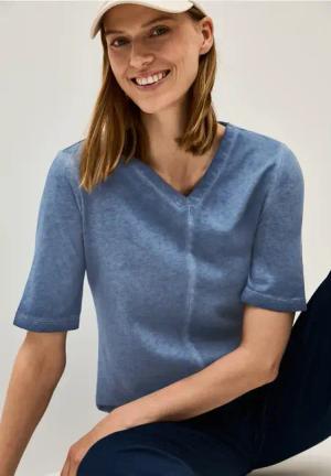 Cecil Damen V-Neck Shirt im Washed-Look in Blau, Gr: S