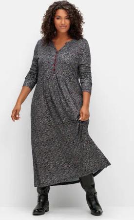 Sheego Jerseykleid mit Minimalprint und Kontrastknöpfen, schwarz gemustert, Gr.44