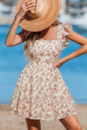Quadratischer Ausschnitt Geblümtes Minikleid mit Rüschenärmeln