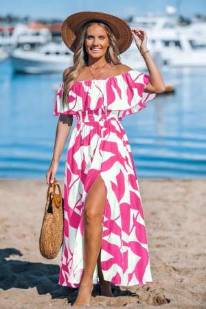 Pink tropisches Asymmetrischer Ausschnitt Seitenschlitz Maxikleid
