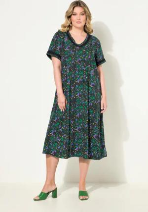 MIAMODA Jerseykleid Maxikleid A-Linie Blättermuster Halbarm