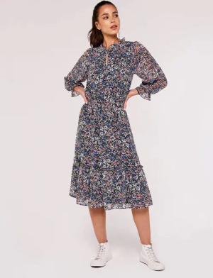 Apricot Midikleid Blumenchiffon Midikleid, mit Schlüssellochausschnitt