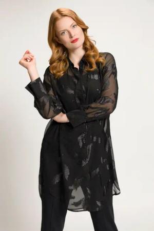 Ulla Popken Hemdbluse Longbluse Chiffon Metallic-Federn