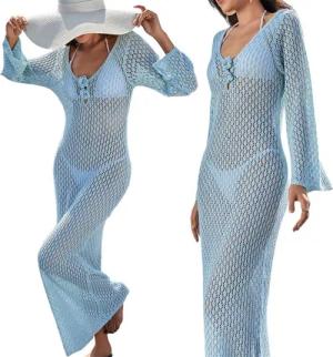 RWEUOQ Strandkleid Langes Häkel-Strandkleid mit V-Ausschnitt
