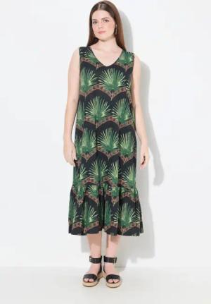 Ulla Popken Maxikleid Maxikleid Blätter V-Ausschnitt