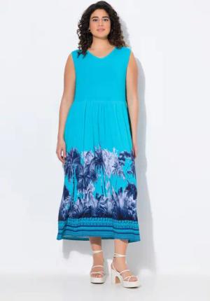 Ulla Popken Jerseykleid Jersey-Maxikleid Palmen V-Ausschnitt