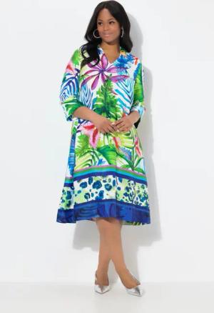 Ulla Popken Midikleid Satin-Midikleid Blätter A-Linie