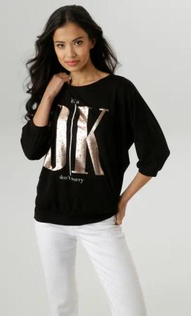 Aniston SELECTED 3/4-Arm-Shirt, mit weißen und goldfarbigen Statements - NEUE KOLLEKTION