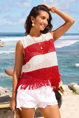 Rot Gestreiftes Strand-Top mit Fransensaum