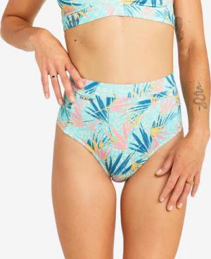 Bikini-Hose Damen hoher Taillenbund - Rosa Leoplant türkis