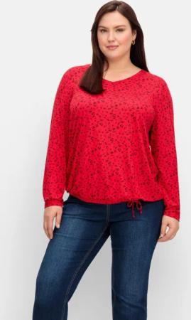 Sheego Langarmshirt mit Alloverdruck und Saum-Bindeband, mohnrot gemustert, Gr.48/50