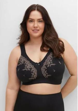 Doppelpack BHs ohne Bügel, 1x mit Spitzenbesatz, schwarz+taupe, Gr.85F