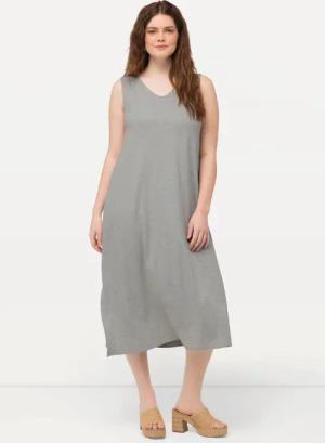 Ulla Popken Maxikleid Jersey-Midikleid V-Ausschnitt ärmellos