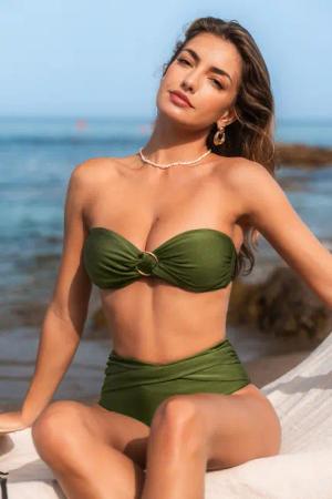 Grünes High-Waist Verstellbare Träger Bikini-Set