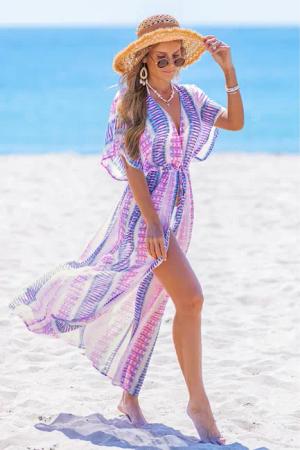 Abstraktes Lila Tiefer Ausschnitt Maxi-Strandkleid