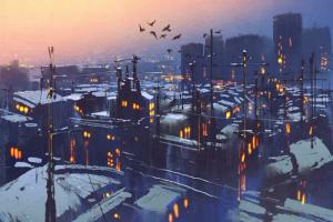 queence Leinwandbild "Stadt bei Nacht", Vögel-Vogelbilder-Kunst-Modern-Spa-Spa Bilder-Gebäude-Sonnenuntergang-Sonnenaufgang, Premium-Leinwandstoff, Handarbeit aus Deutschland