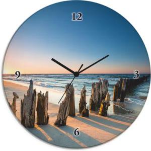 Artland Wanduhr "Glasuhr rund Sonnenuntergang Strand Wellenbrecher", wahlweise mit Quarz- oder Funkuhrwerk, lautlos ohne Tickgeräusche