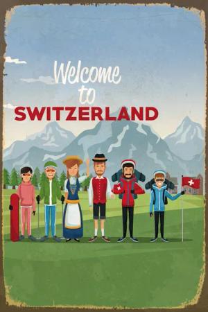 queence Metallbild "WELCOME TO SWITZERLAND", Schriftzüge-Schriftzug-Sprüche-Sprüche & Texte-Vintage-Schweiz-Berge & Alpenbilder, Stahlschild, Blechschild, St. Moritz, Schweiz