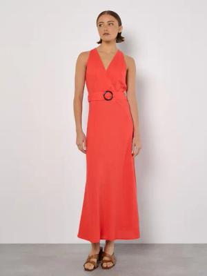 Apricot Maxikleid Leinenblend-Wickekleid, (Stoffgürtel) mit Schmuckgürtel