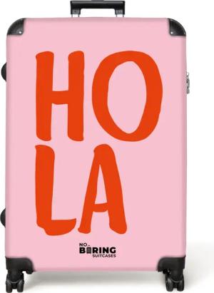 NoBoringSuitcases.com© Hartschalen-Trolley Rosa mit rotem Spruch