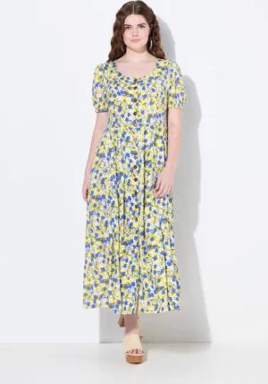 Ulla Popken Dirndl Leinenmix-Maxikleid Rundhals Halbarm