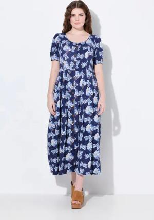 Ulla Popken Dirndl Leinenmix-Maxikleid Rundhals Halbarm