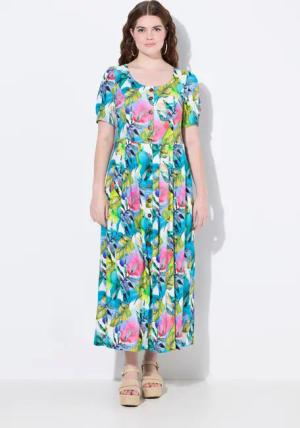 Ulla Popken Dirndl Leinenmix-Maxikleid Rundhals Halbarm