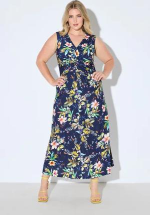 Ulla Popken Jerseykleid Jersey-Maxikleid Blütenmuster Drapierung