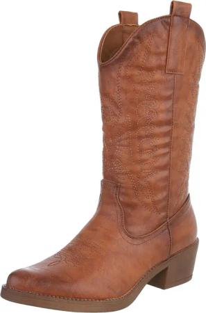 Ital-Design Damen Kniehohe Western-Stiefel mit Stickerei