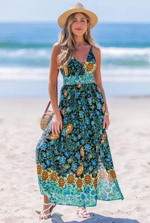 Ärmelloses Maxi-Wickelkleid mit gesmokter Taille