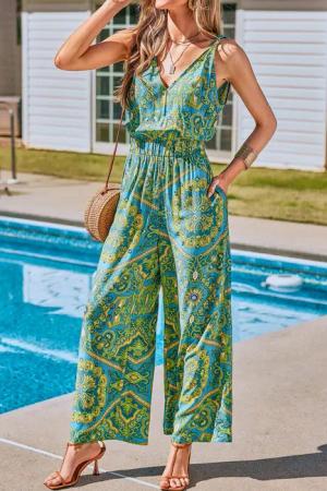 Paisley Grüner Ärmelloser Jumpsuit