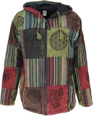 Guru-Shop Kapuzenjacke - Goa Jacke, Patchwork Sweatshirt Jacke - grün/bunt - L - für Männer - Größe L - multicolor