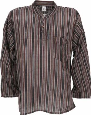 Guru-Shop Langarmhemd - Nepal Fischerhemd, gestreiftes Goa Hippie Hemd, Yogahemd - braun - S bis XXL - für Männer - Größe S - braun/schwarz