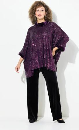 Ulla Popken T-Shirt Pailletten-Shirt Oversized Samt-Rollkragen