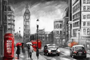 Places of Style Leinwandbild "London", London-Schwarz-Weiß-Kunst-Modern-Fahrzeuge-Menschen-Rain-Städte, Premium-Leinwandstoff, Handarbeit aus Deutschland, 90x60cm