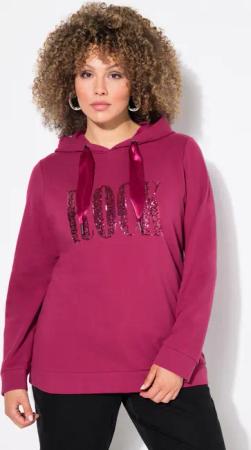 Ulla Popken Sweatshirt Hoodie Pailletten-Schriftzug Langarm