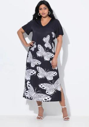 Ulla Popken Jerseykleid Slinky-Midikleid Schmetterlinge V-Ausschnitt