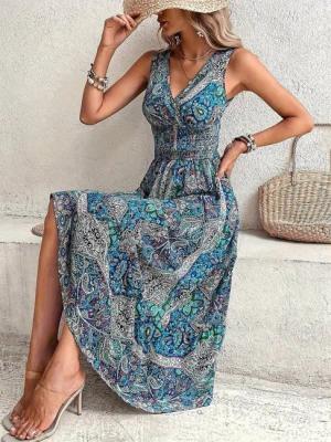 Moda Yakamoz Midikleid Damen Ethno-Print ärmelloses