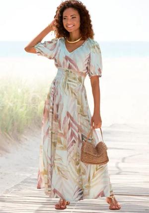 LASCANA Maxikleid mit Alloverprint und gesmokter